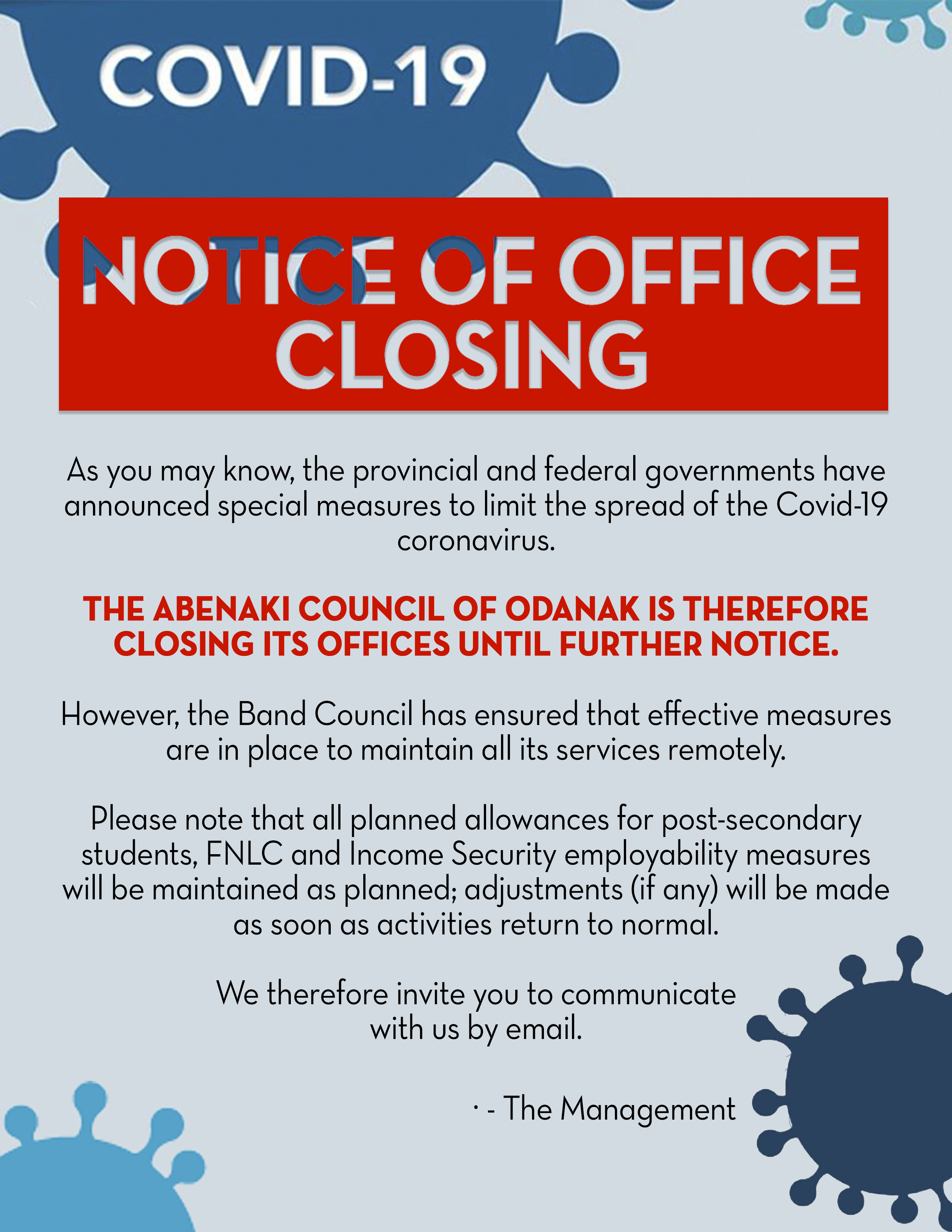 NOTICE OF OFFICE CLOSING - Conseil des Abénakis d'Odanak